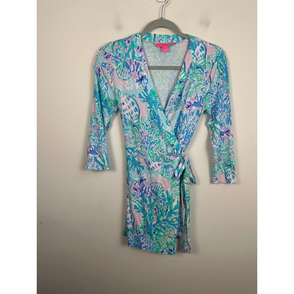 Lilly Pulitzer Wrap Romper‎ Womens Small Blue Pink Excellent Coastal 3/4 Sleeve